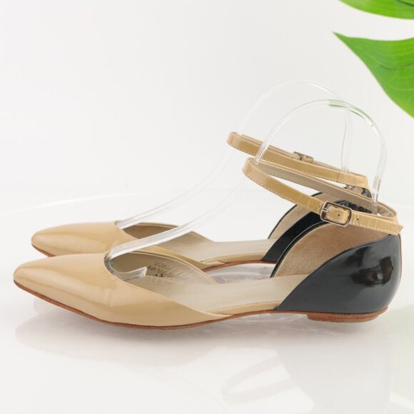 Boden Womens Flat Size 6 Nude Tan Patent Black Pointed Ankle Strap Shoe Pointed - Picture 6 of 12